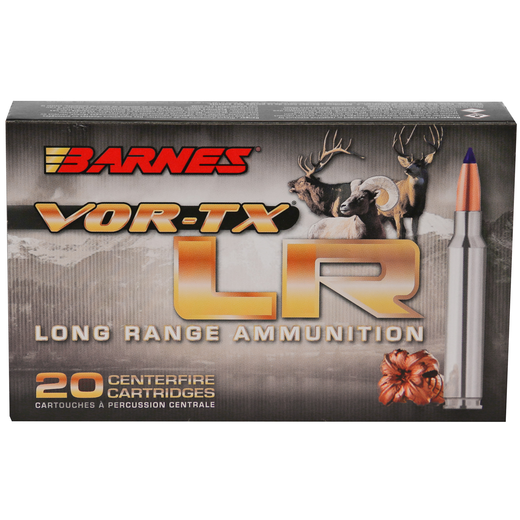 Barnes VOR-TX LR Long Range ammunition box front view showing 20 centerfire cartridges