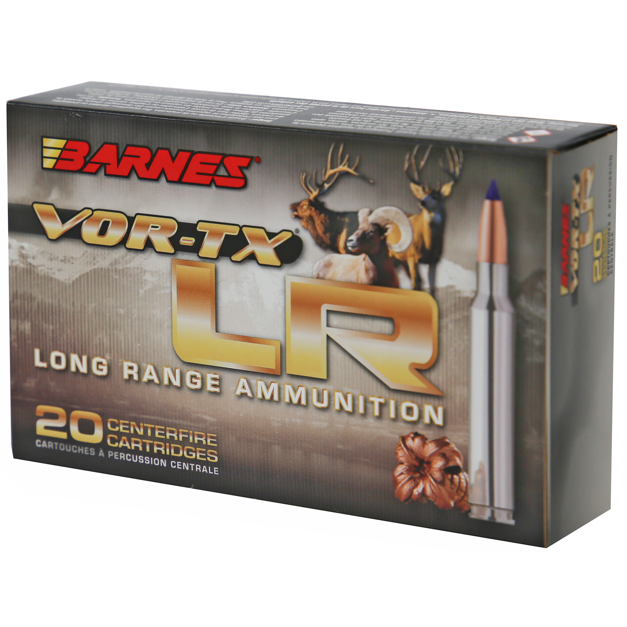 Barnes VOR-TX LR 20 round box of centerfire cartridges, angled view