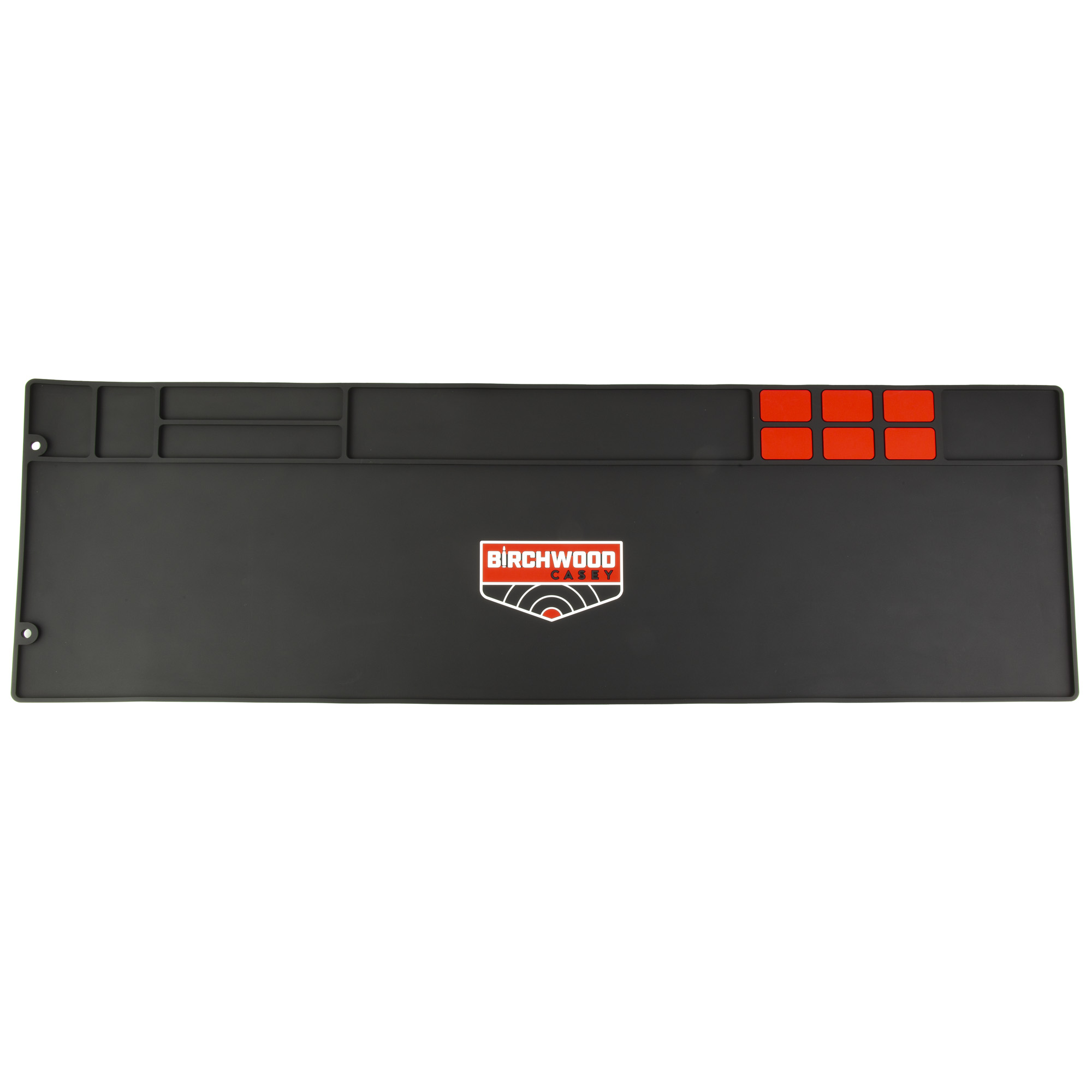 Black Birchwood Casey rifle cleaning mat with red accents and molded tool compartments