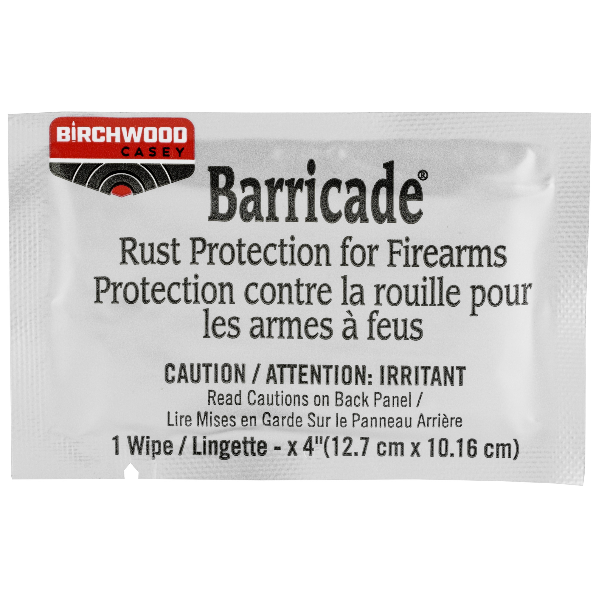 Single Birchwood Casey Barricade rust protection wipe in its sealed foil packet