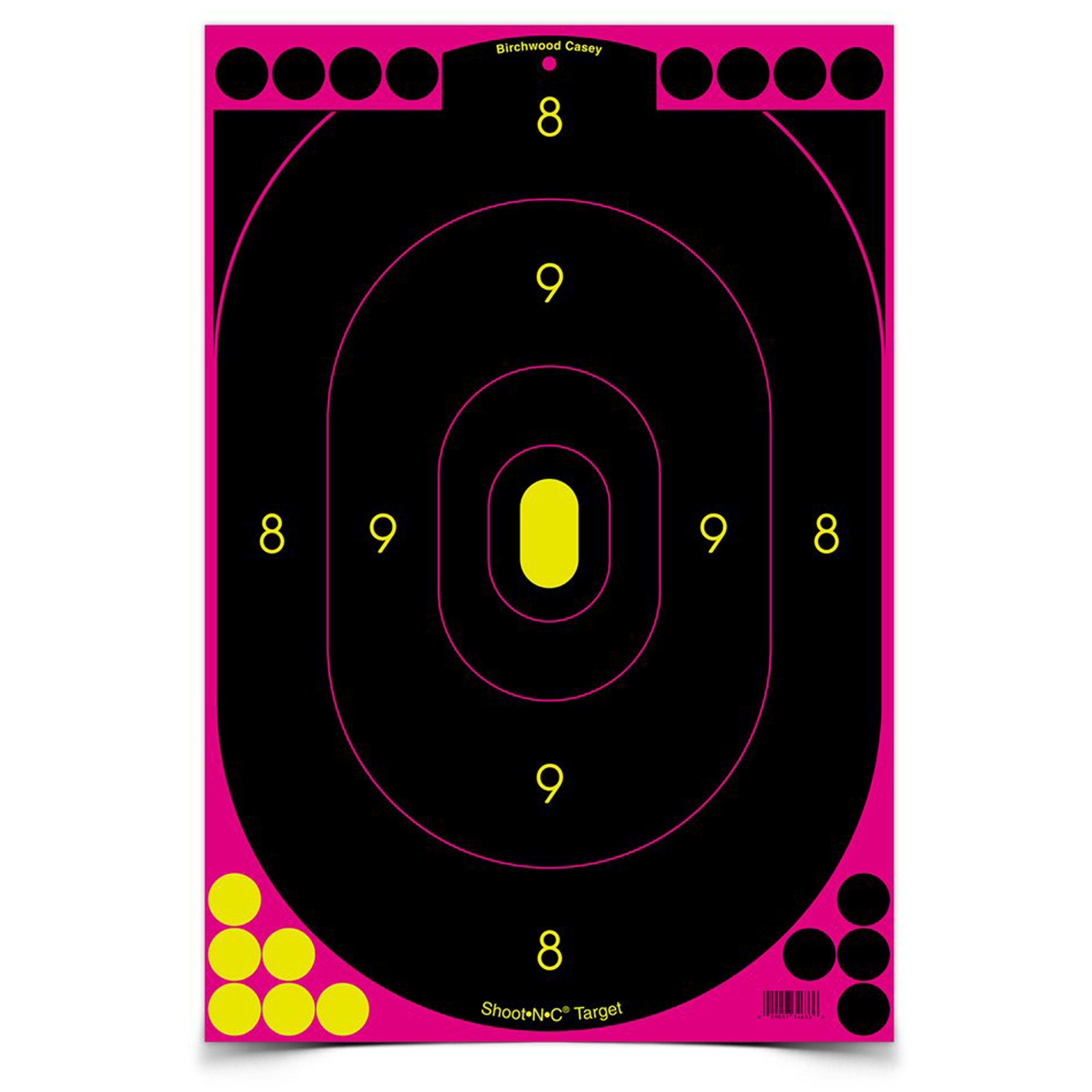 Pink Birchwood Casey Shoot-N-C silhouette target with black face and yellow bullseye