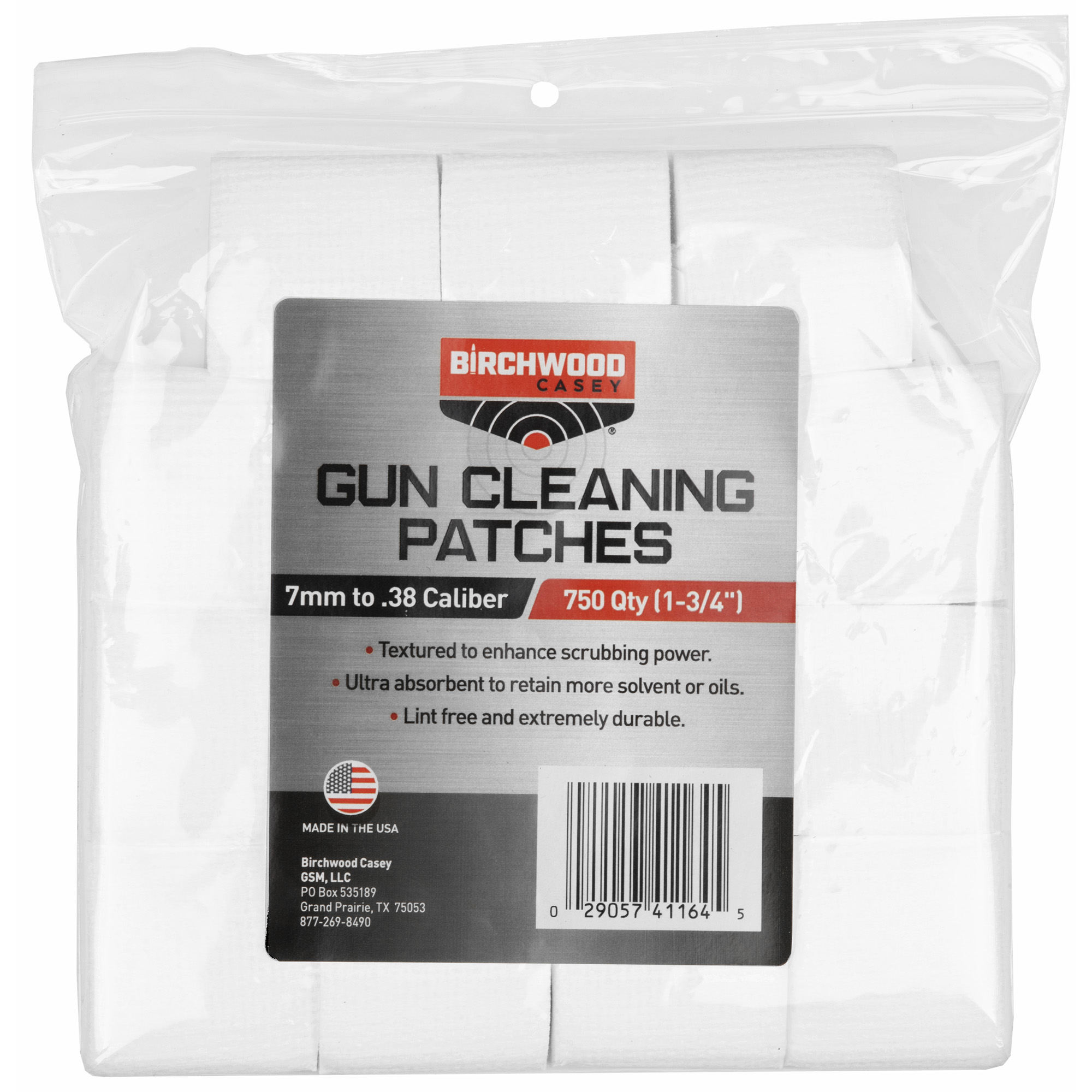 Birchwood Casey gun cleaning patches in a sealed bag, 750 count, labeled 7mm to .38 caliber