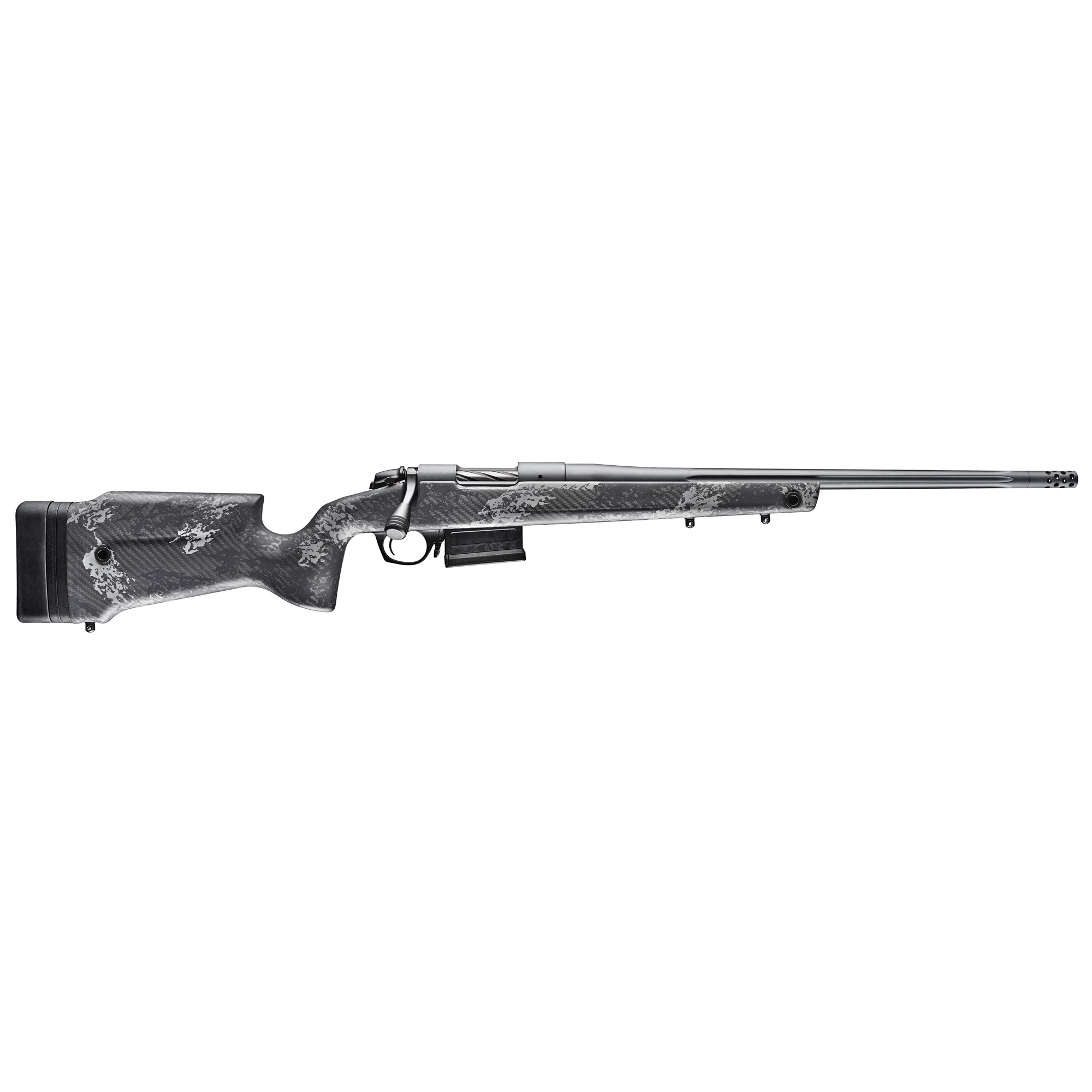 Bergara B-14 Crest bolt-action rifle with gray fluted barrel and black and gray carbon fiber stock
