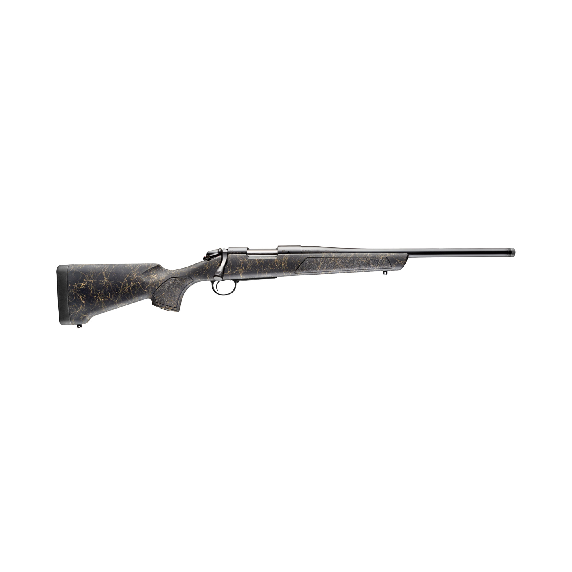 Bergara B-14 Stoke bolt-action rifle with black barrel and black and gold speckled synthetic stock