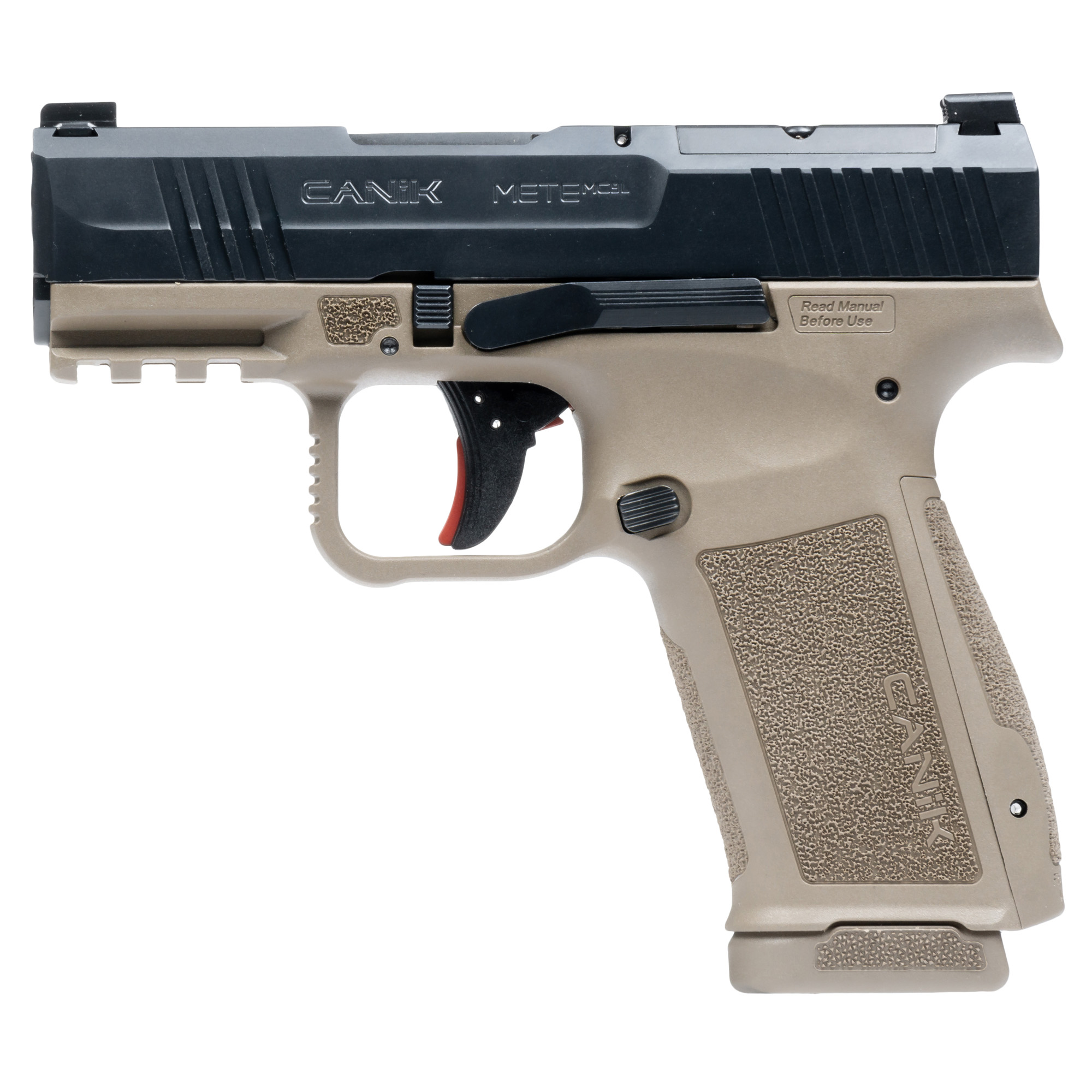 Canik METE MC9L 9mm pistol with black slide and Flat Dark Earth frame, right side view