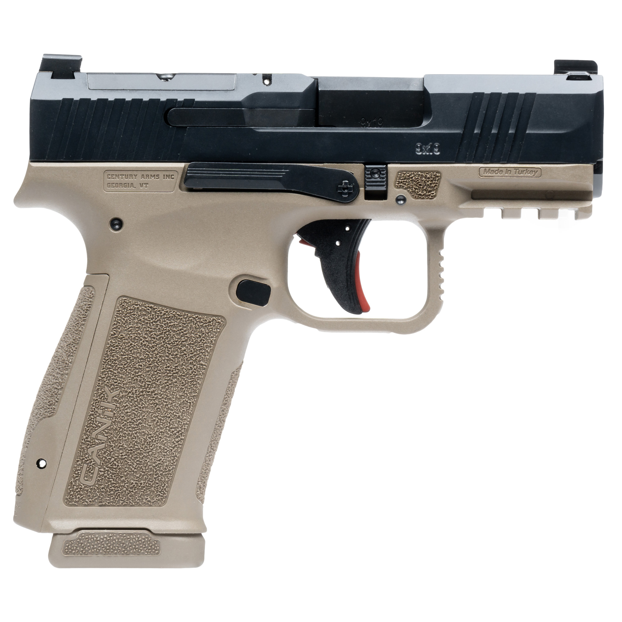 Canik METE MC9L pistol left side view showing black slide and Flat Dark Earth frame