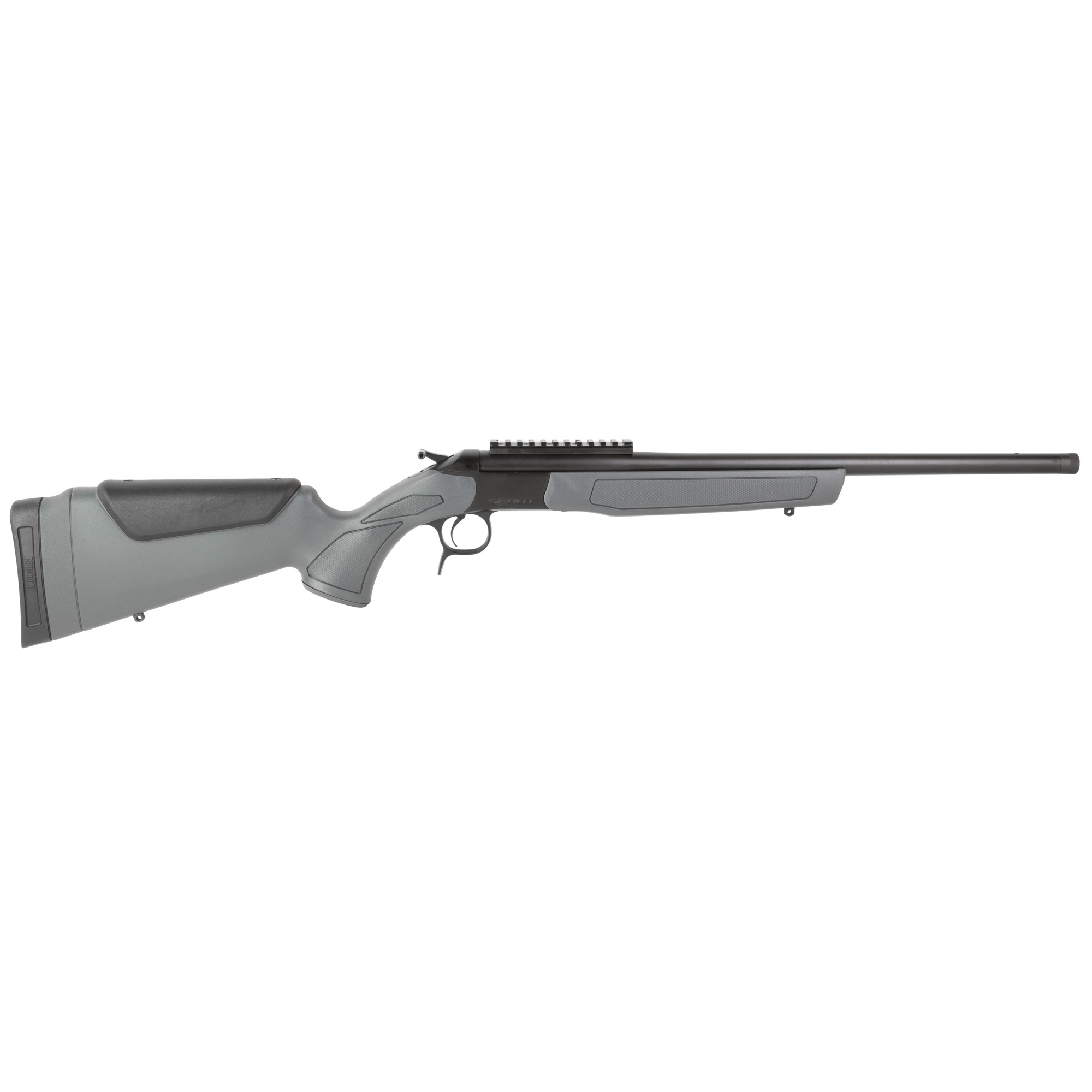 CVA Scout Gen 3 single shot rifle with gray synthetic stock and black barrel, side view