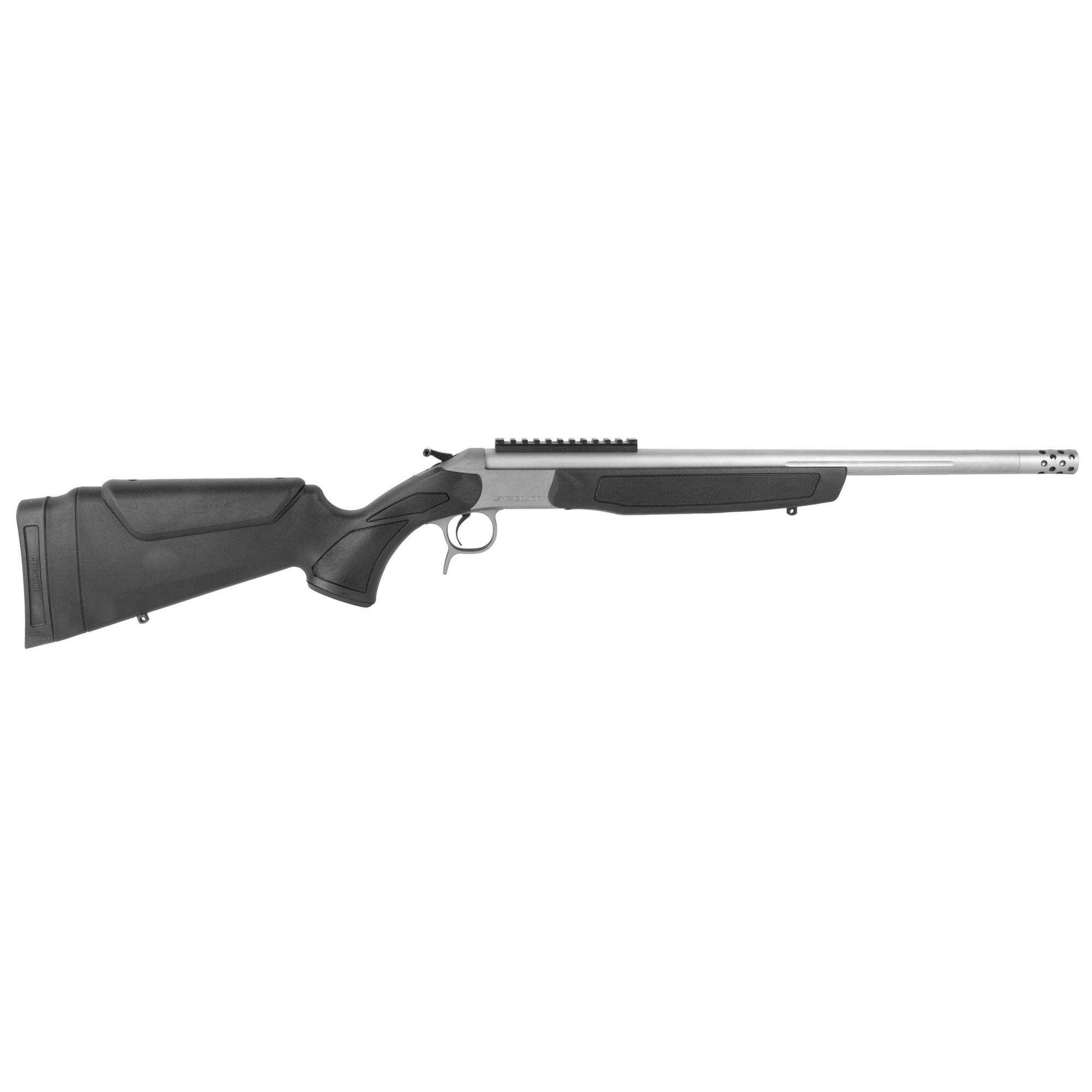 CVA Scout Gen 3 TD single shot rifle with stainless barrel and black synthetic stock, right side view