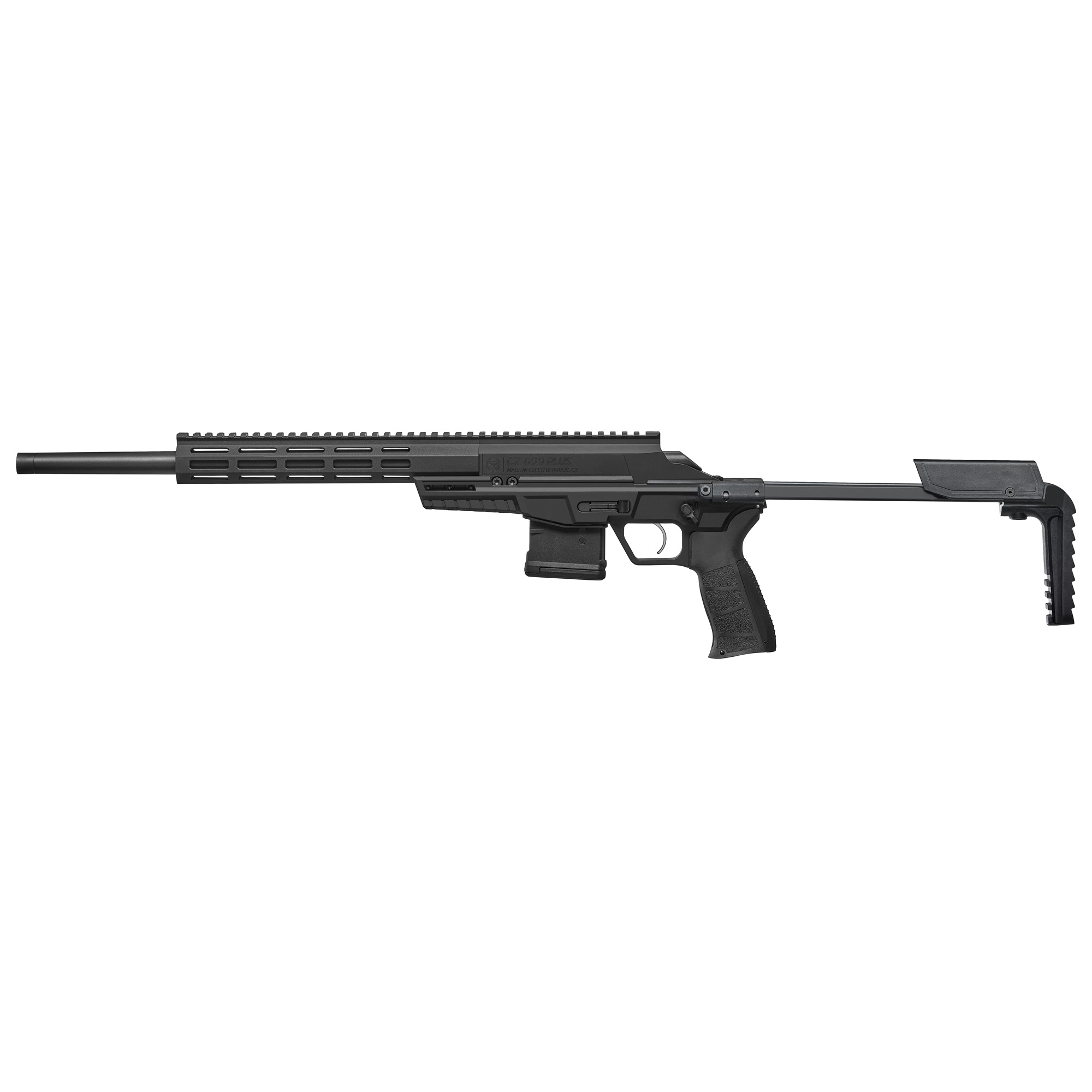 CZ 600 Trail bolt-action rifle in black, side view with folding stock extended