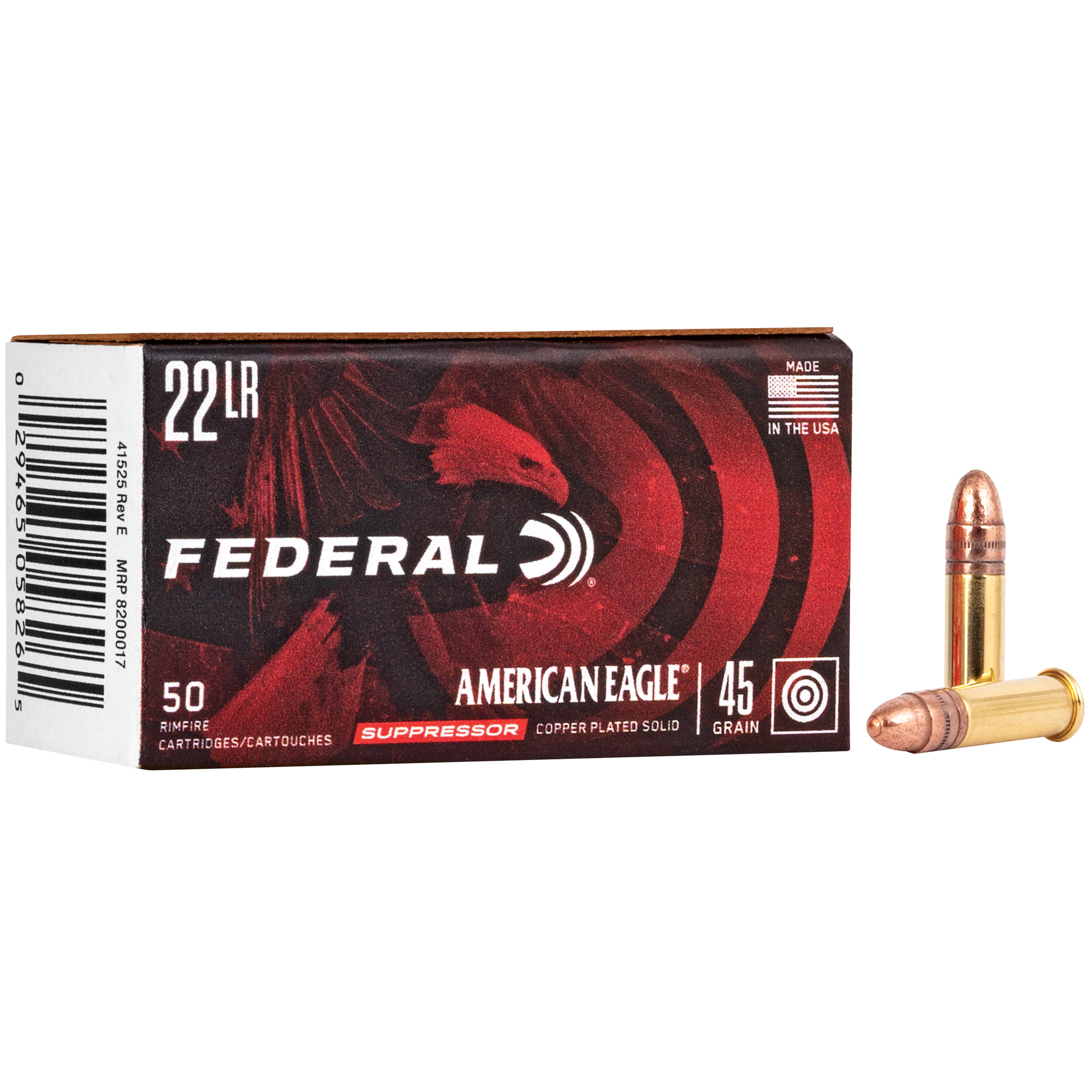 Federal American Eagle .22 LR suppressor ammunition box with 45 grain rounds beside it