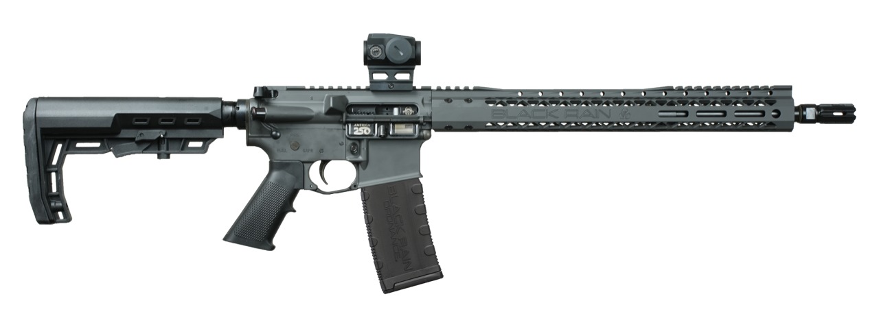 Black Rain Ordnance 5.56 rifle in gray with M-LOK handguard and red dot sight