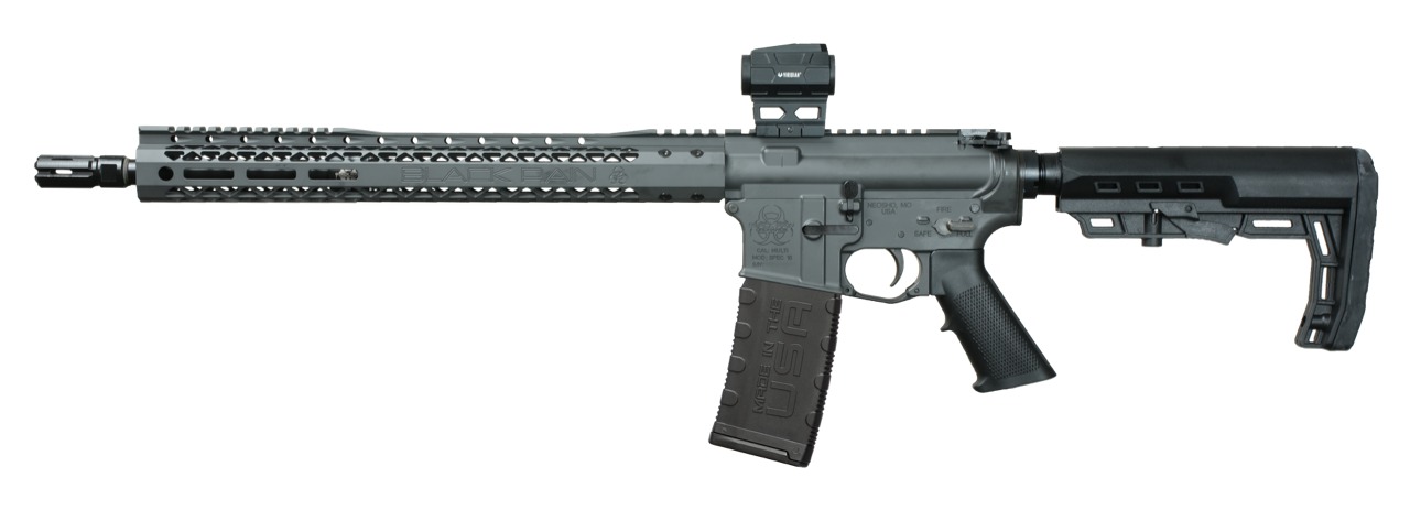 Black Rain Ordnance 5.56 rifle left side view with red dot and collapsible stock