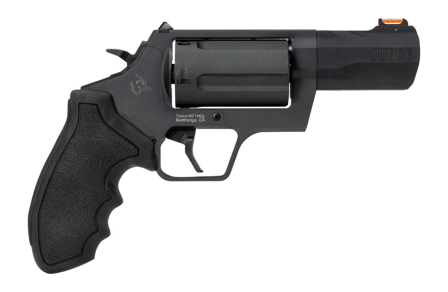 Taurus Judge revolver in black with fiber optic front sight, right side view