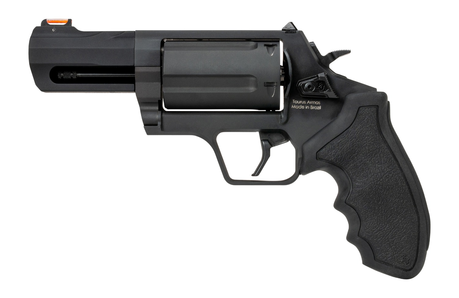 Taurus Judge revolver left side view showing barrel port and black rubber grip
