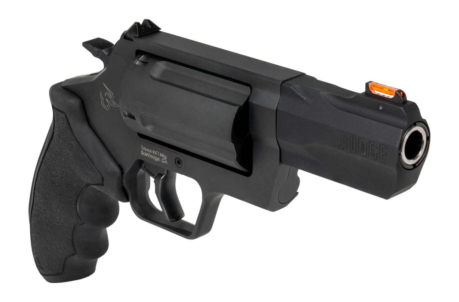 Taurus Judge revolver angled view showing 3-inch barrel, cylinder and black rubber grip