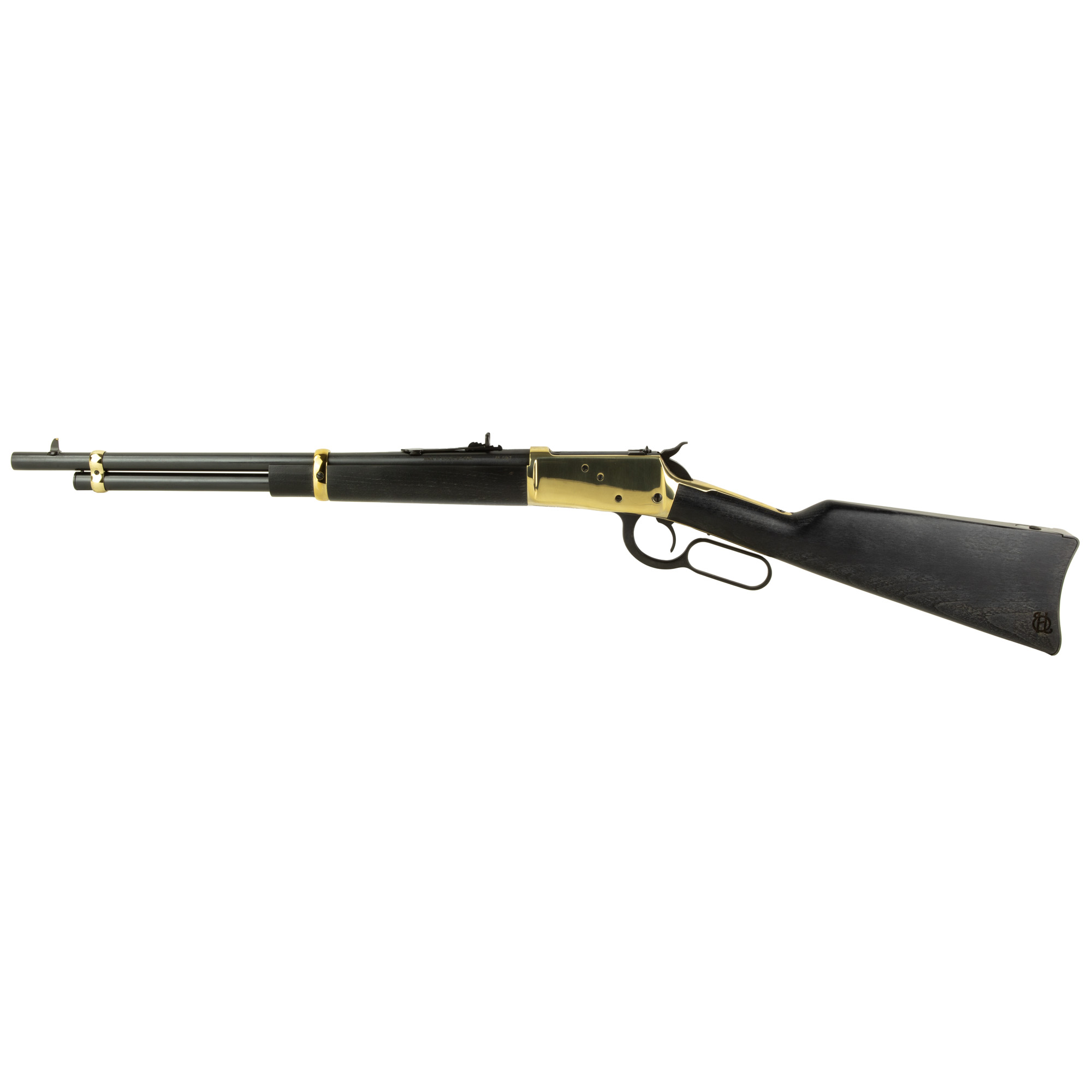 Heritage 92 lever action rifle with gold receiver and dark wood stock, right side view