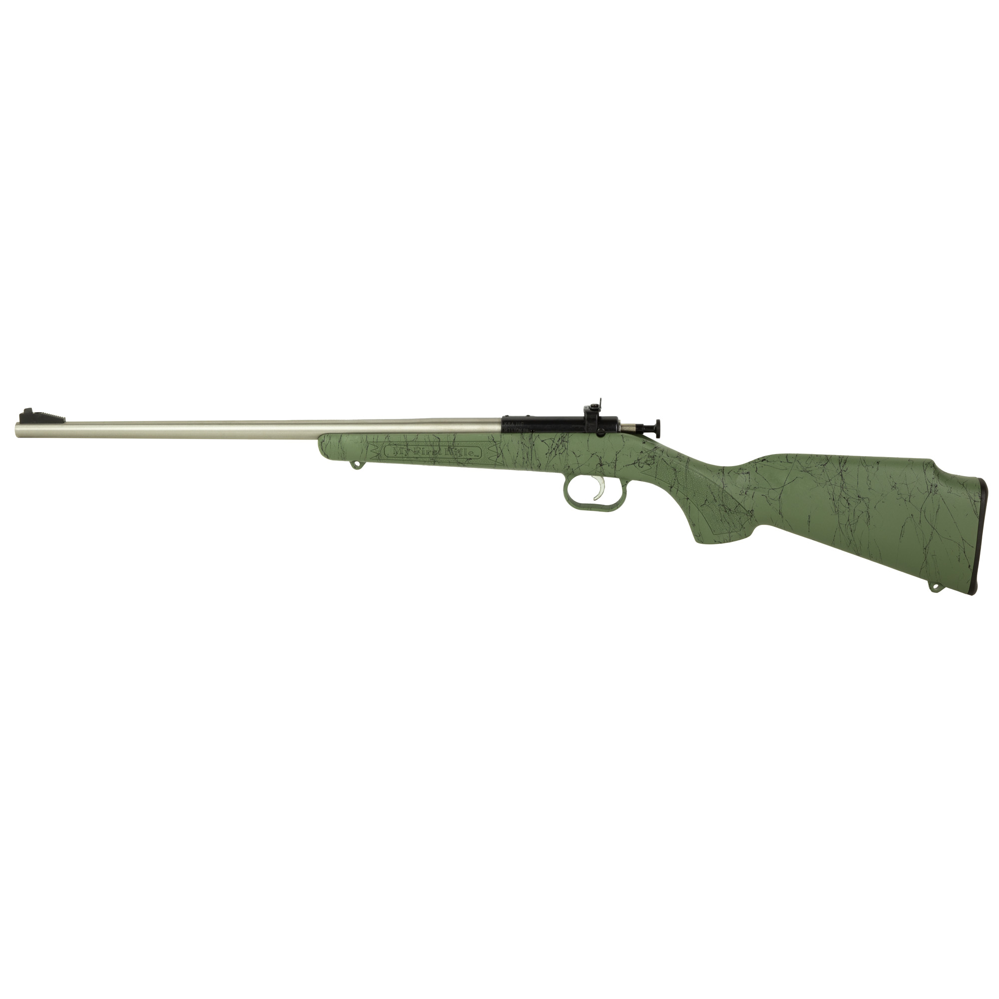 Keystone Crickett 22 LR rifle with stainless barrel and green webbed synthetic stock, right side