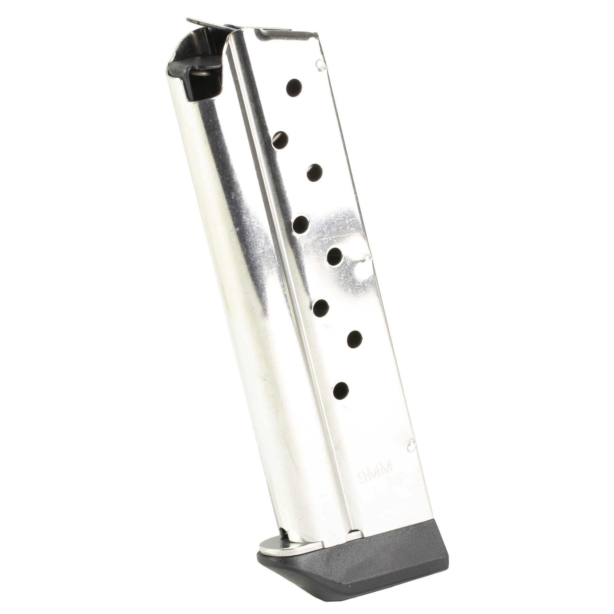 Kimber stainless 9mm 1911 magazine with extended black base pad, front angle