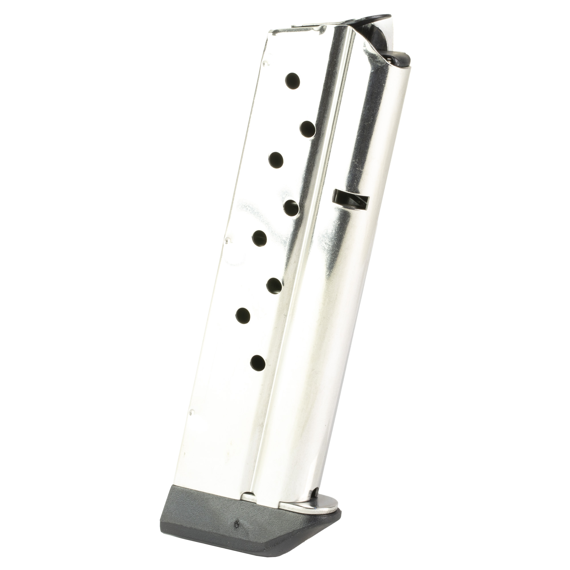Kimber stainless 9mm 1911 magazine with extended base pad, side view