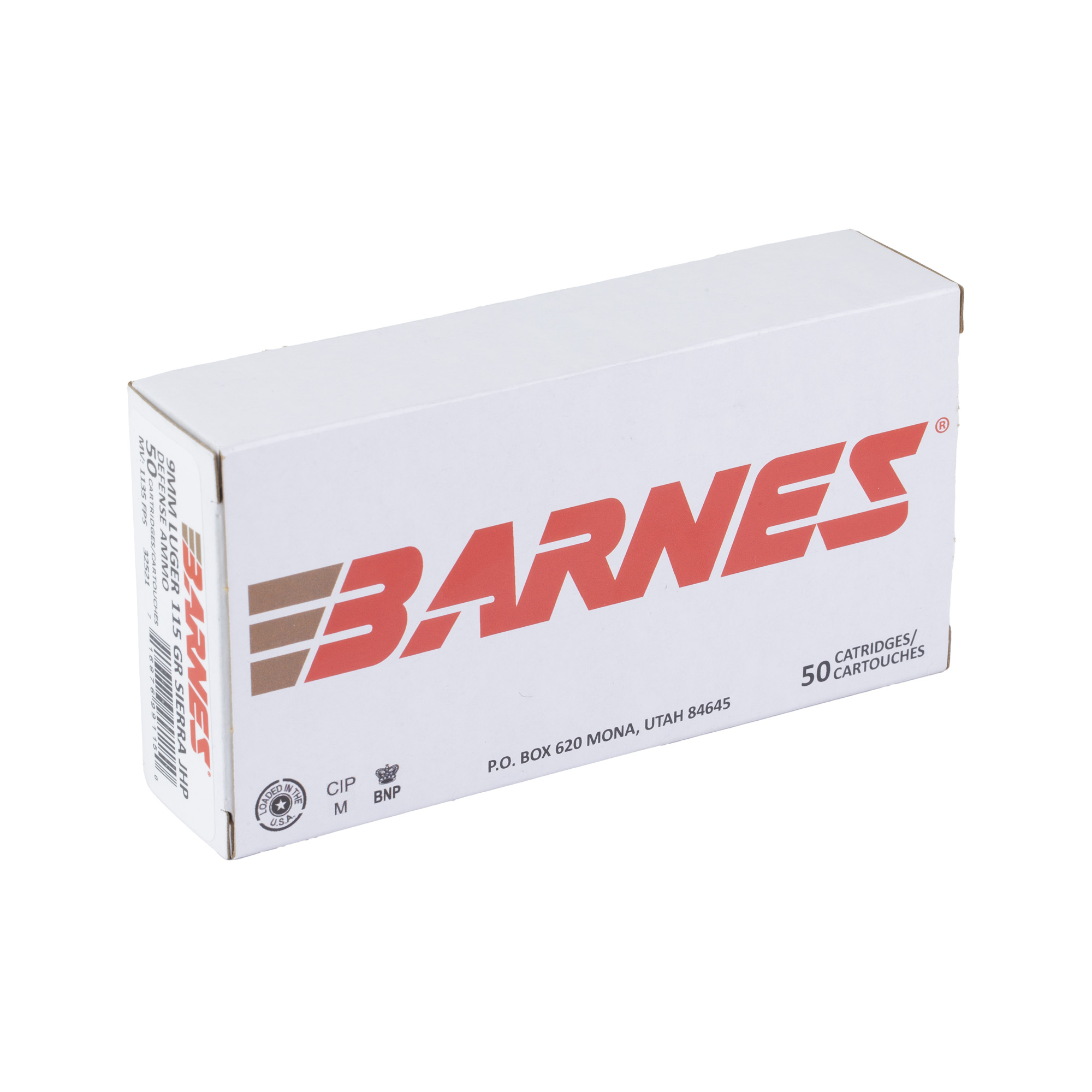Side view of Barnes 9mm Luger 115 gr Sierra JHP 50 round box