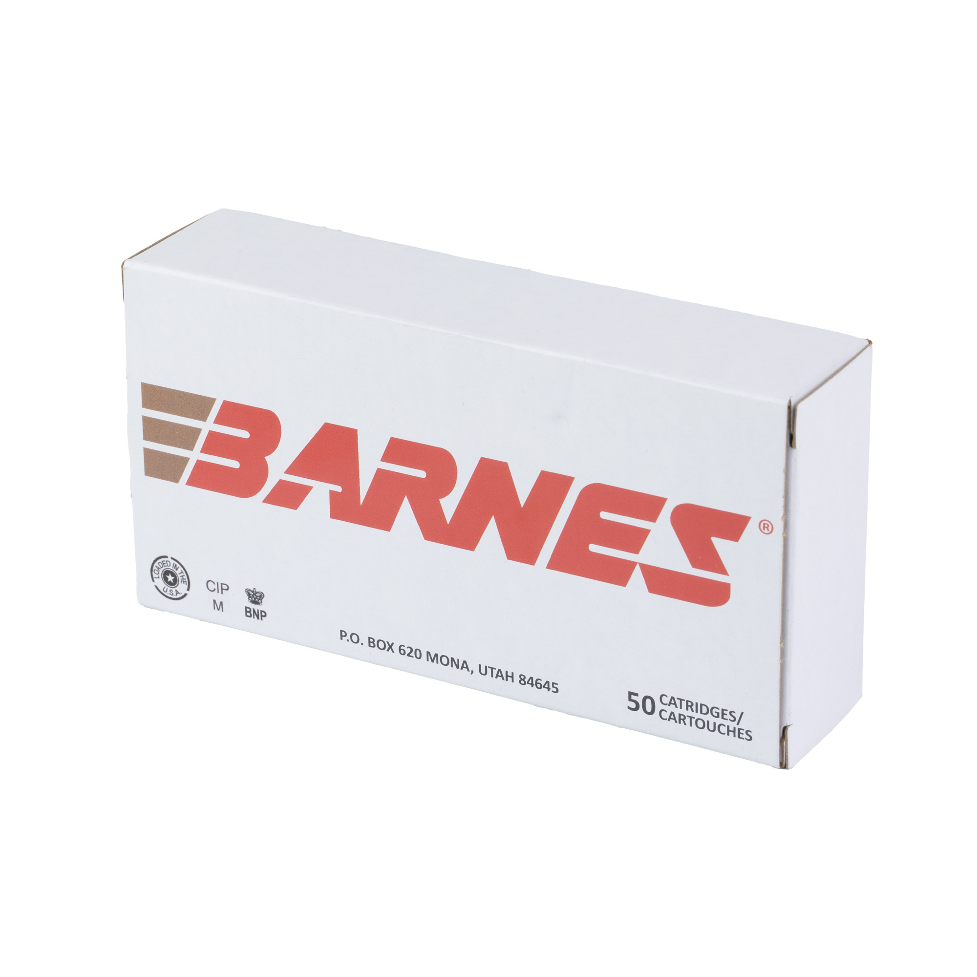 Barnes white ammunition box, 50 cartridges, front angle