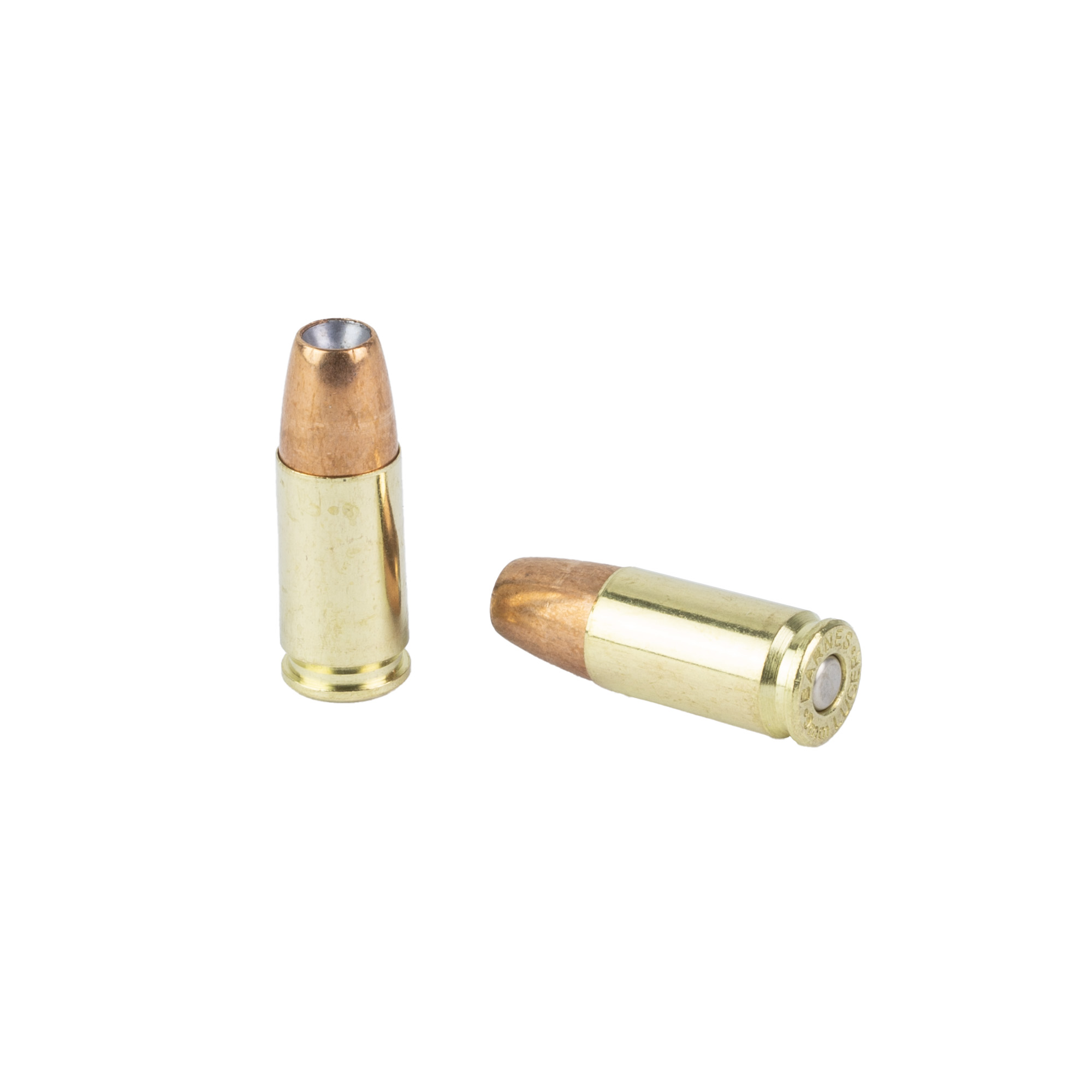 Two Barnes 9mm cartridges with brass cases and jacketed hollow point bullets
