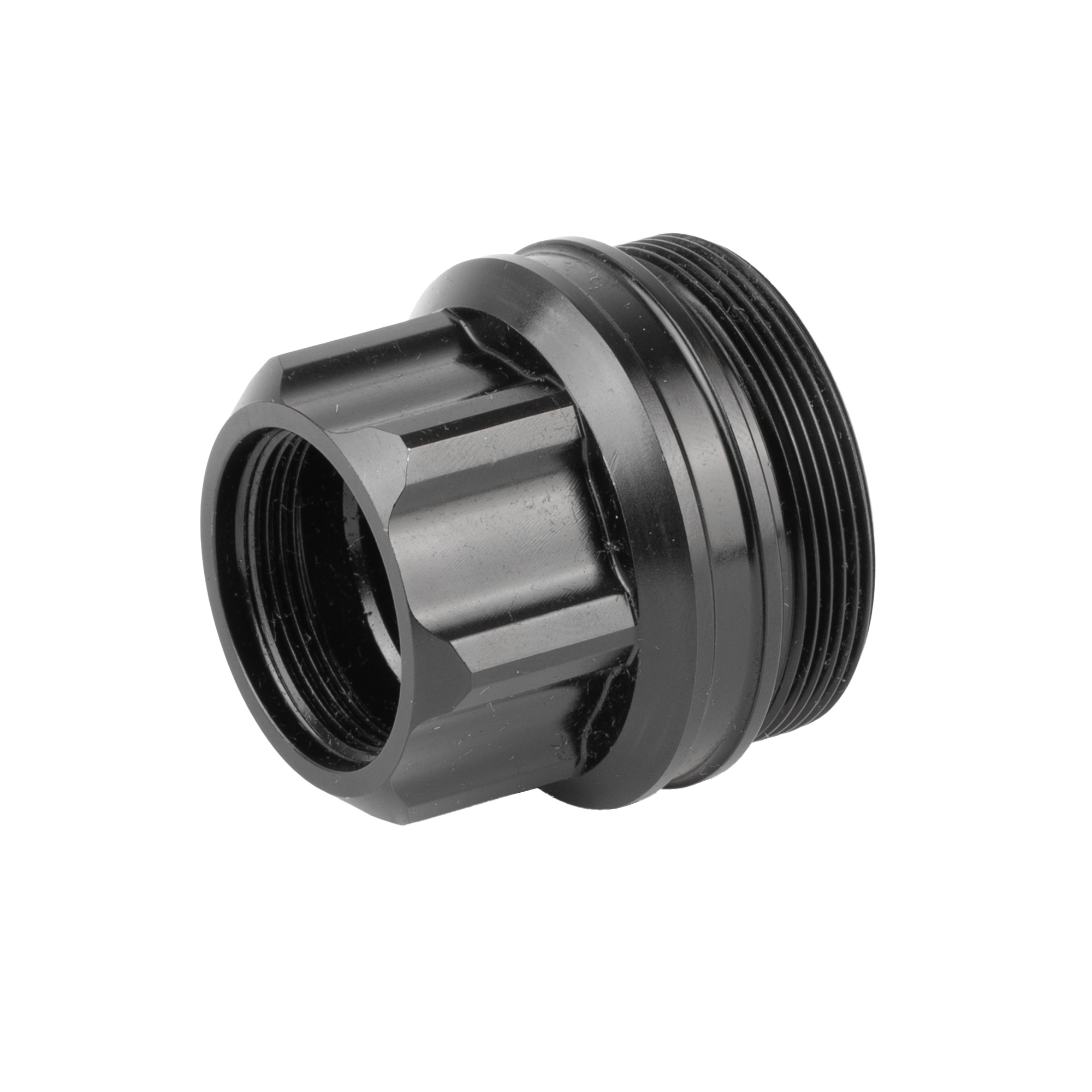 Black PWS PUB XL suppressor mount at an angle showing the internal threads