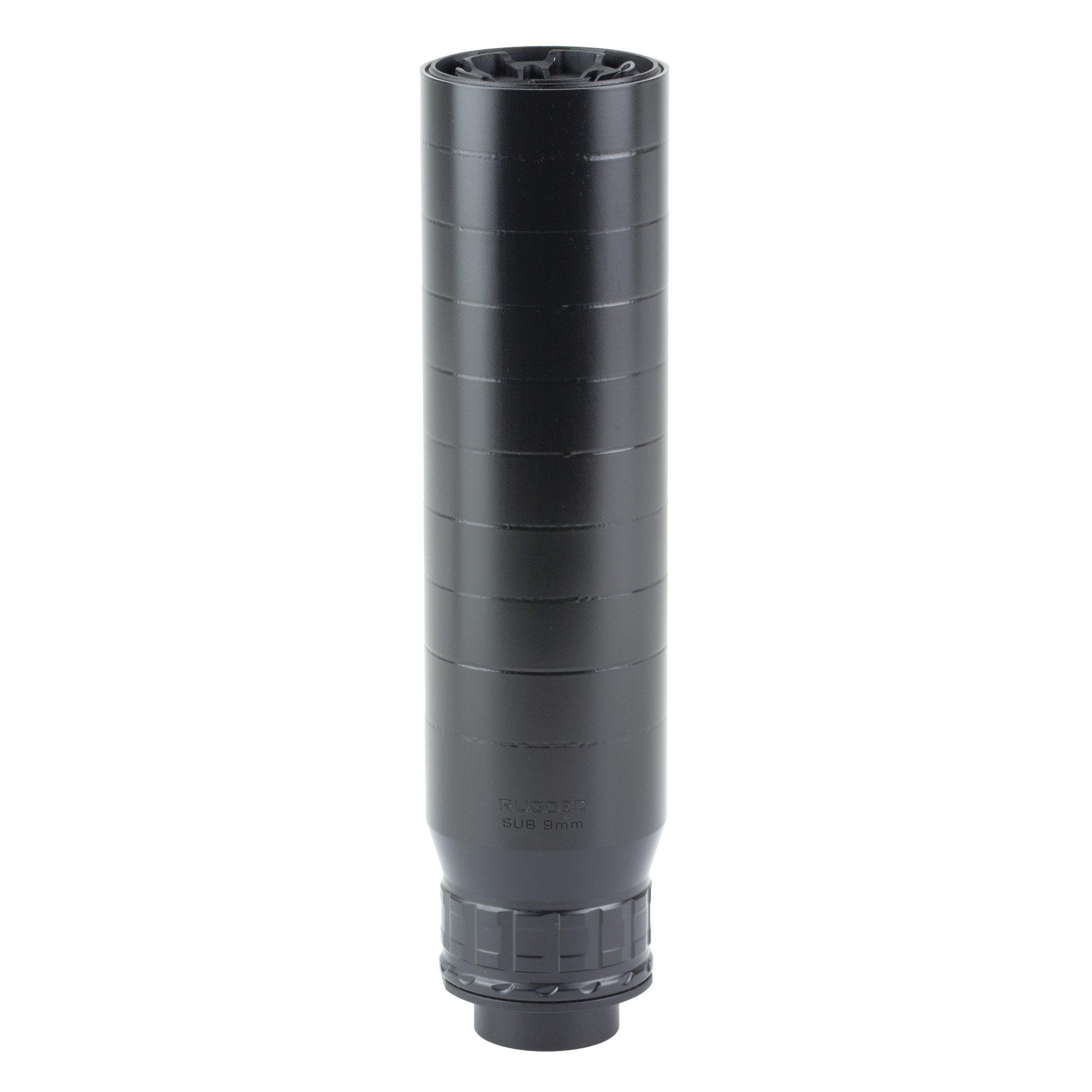 Rugged Sub9 9mm suppressor in black, standing upright showing the mount end