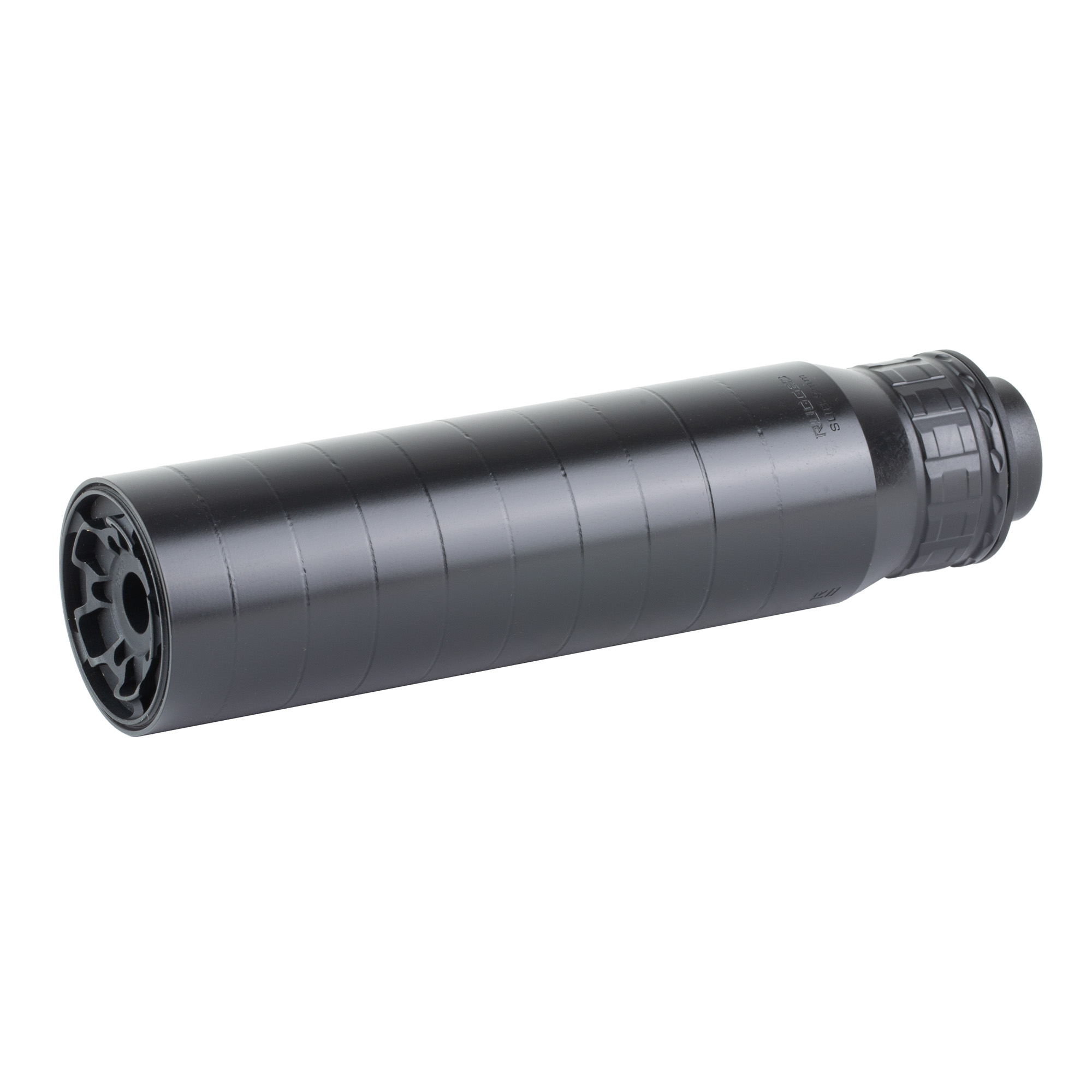 Black Rugged Sub9 suppressor shown at an angle with the threaded mount end visible