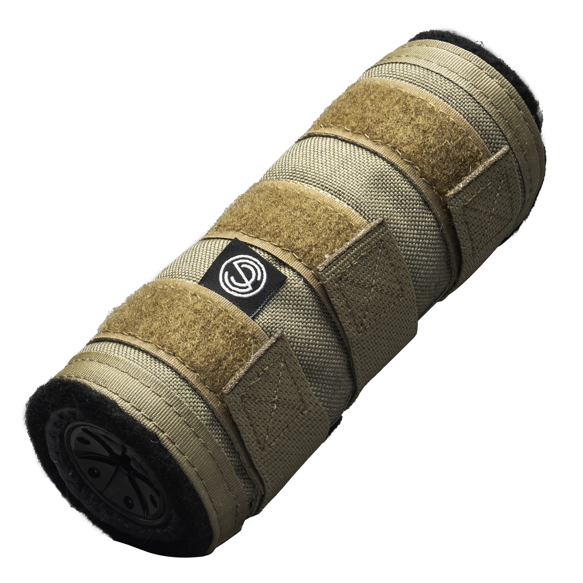 SilencerCo olive suppressor cover with hook-and-loop straps and black end caps