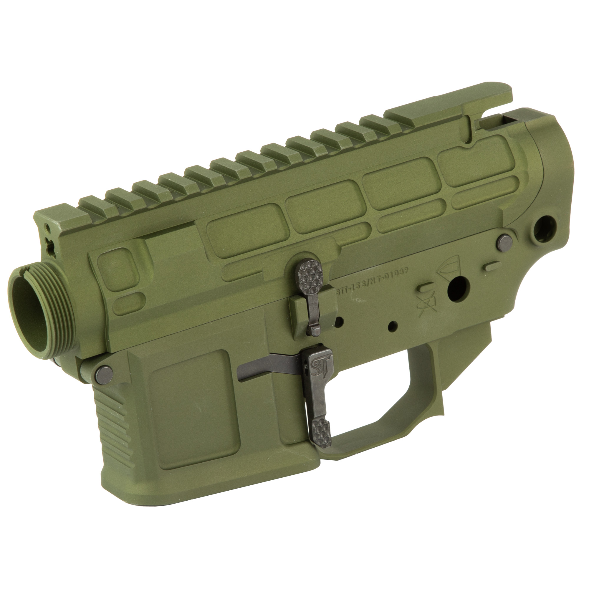 San Tan STT-15 receiver set in olive drab, angled view of upper and lower receiver