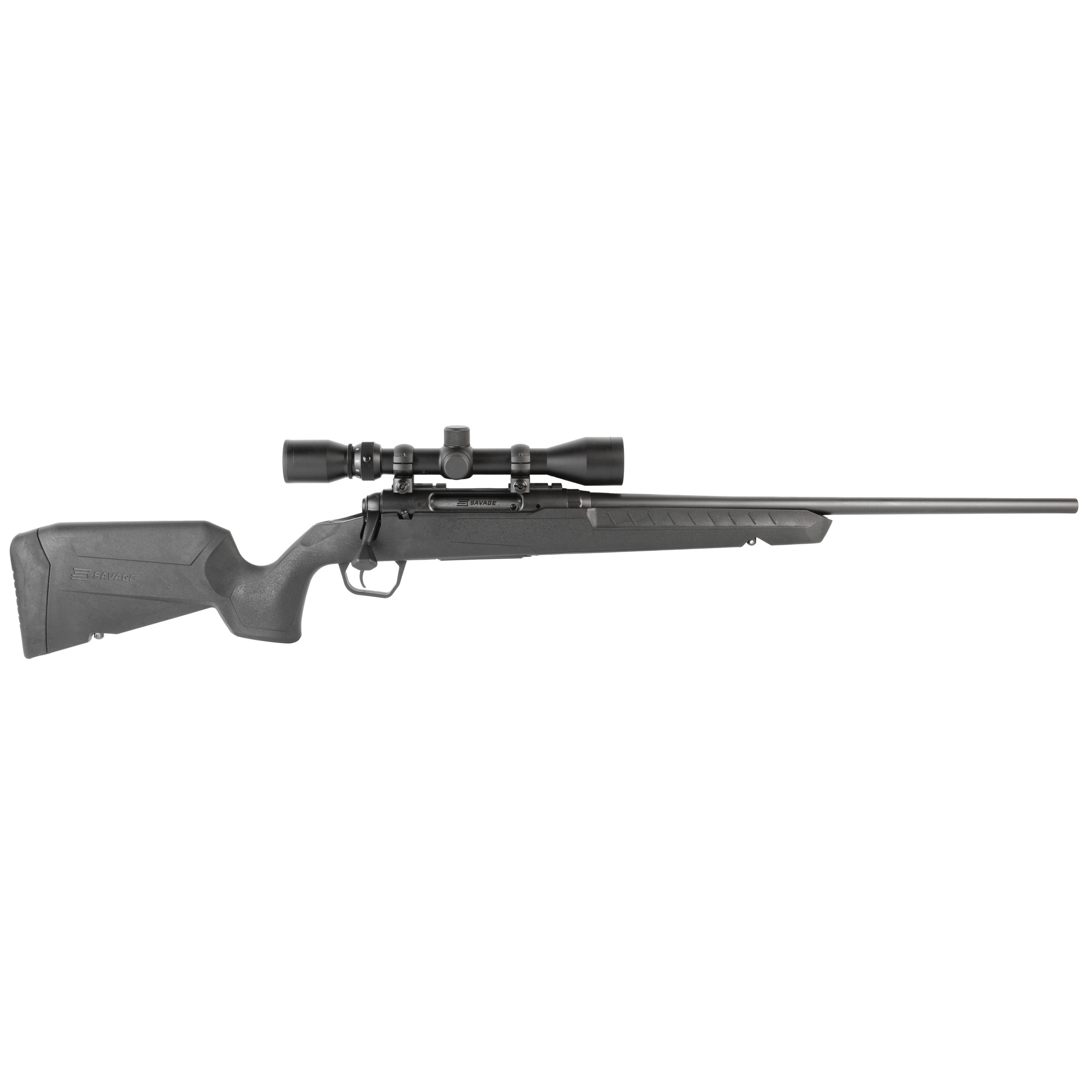 Savage Axis XP Compact bolt-action rifle with black polymer stock and scope, right side view