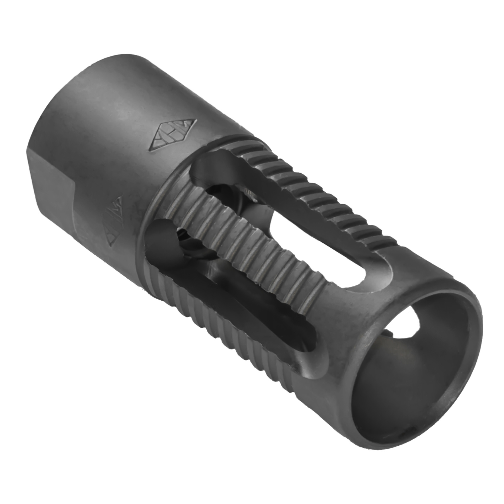 Black five-port Phantom style flash hider without teeth, angled view