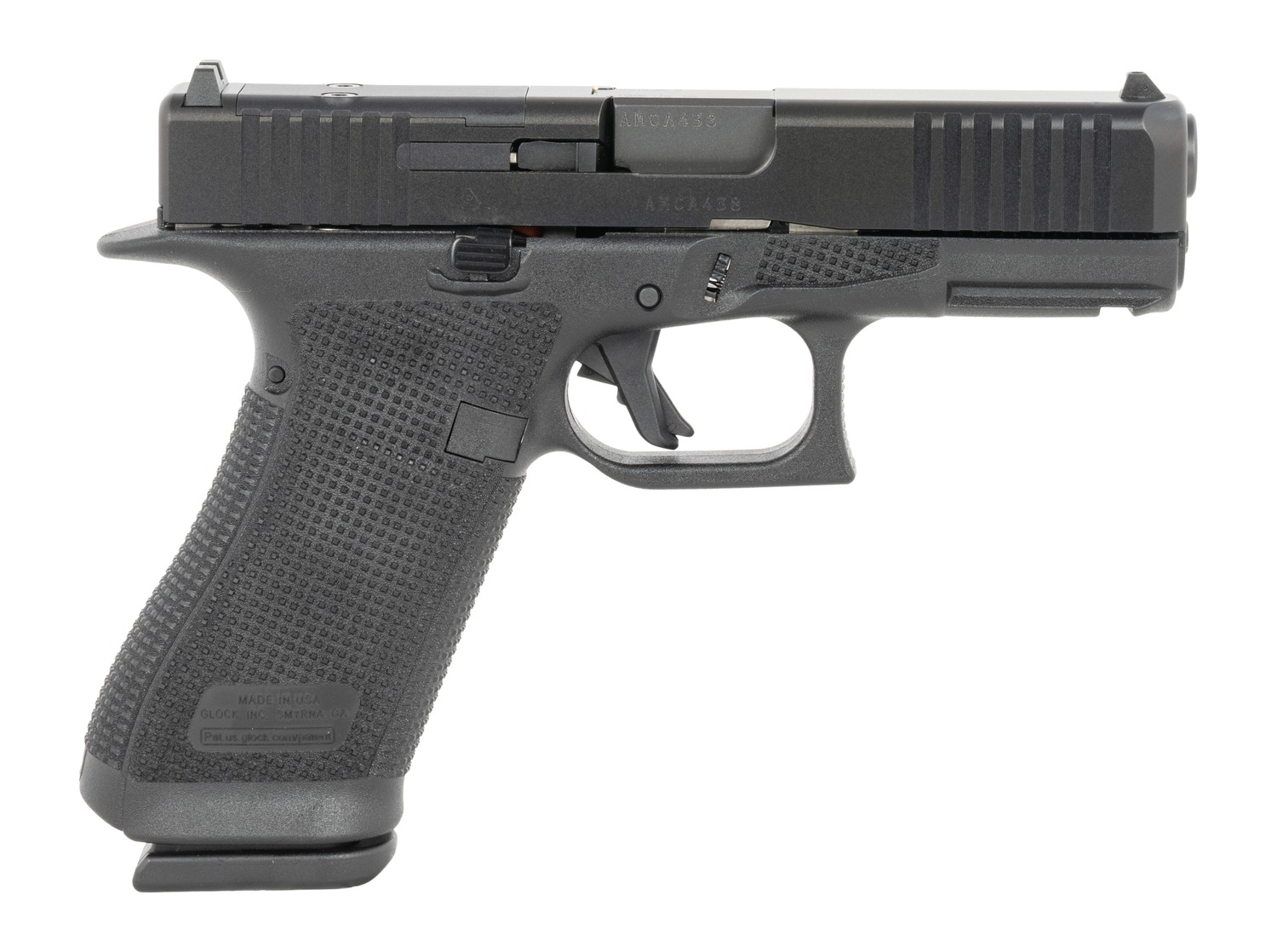 Glock 45 9mm pistol side view showing black optic ready slide and frame