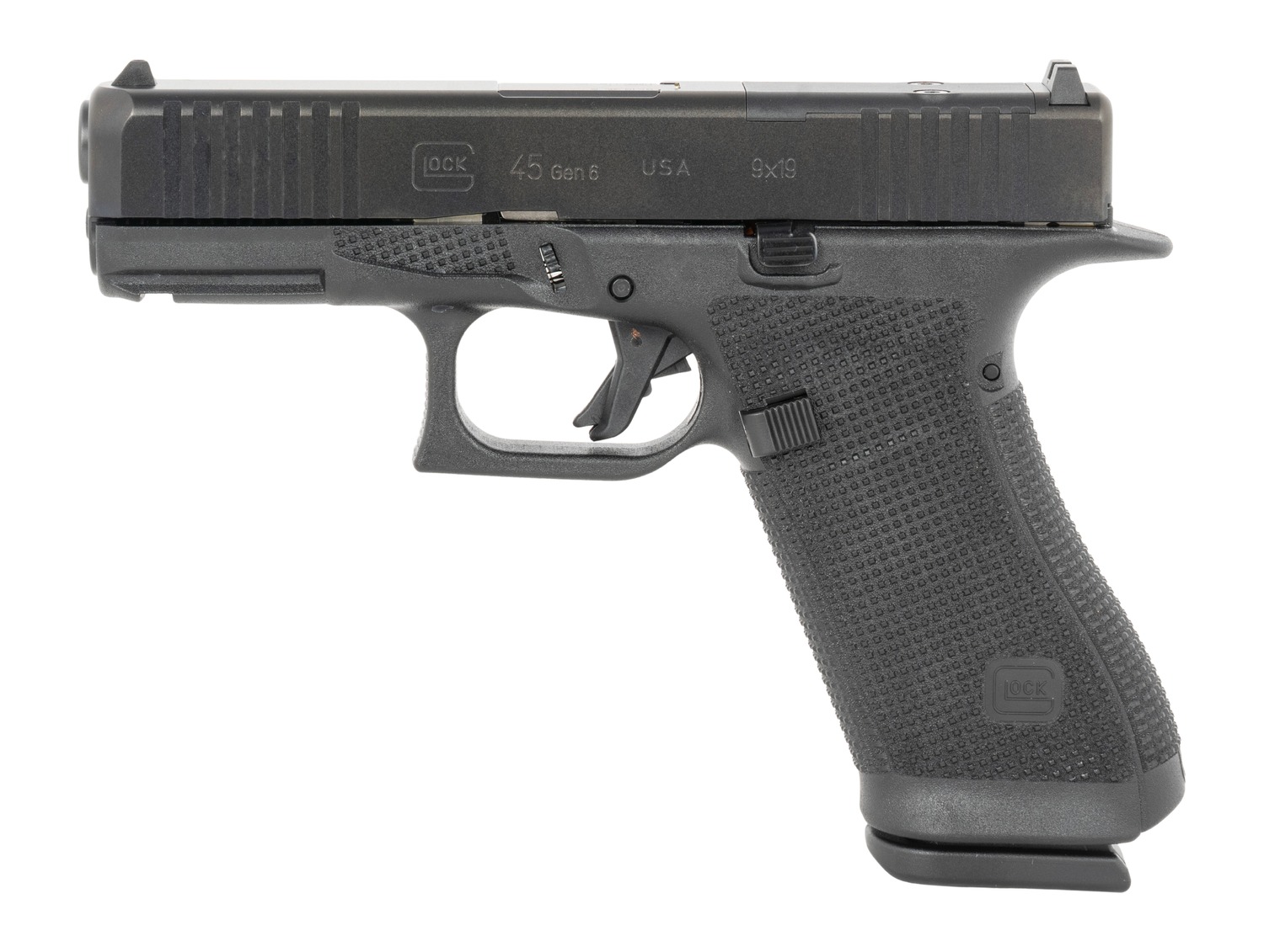 Glock 45 Gen 6 9mm pistol right side view with black slide and frame