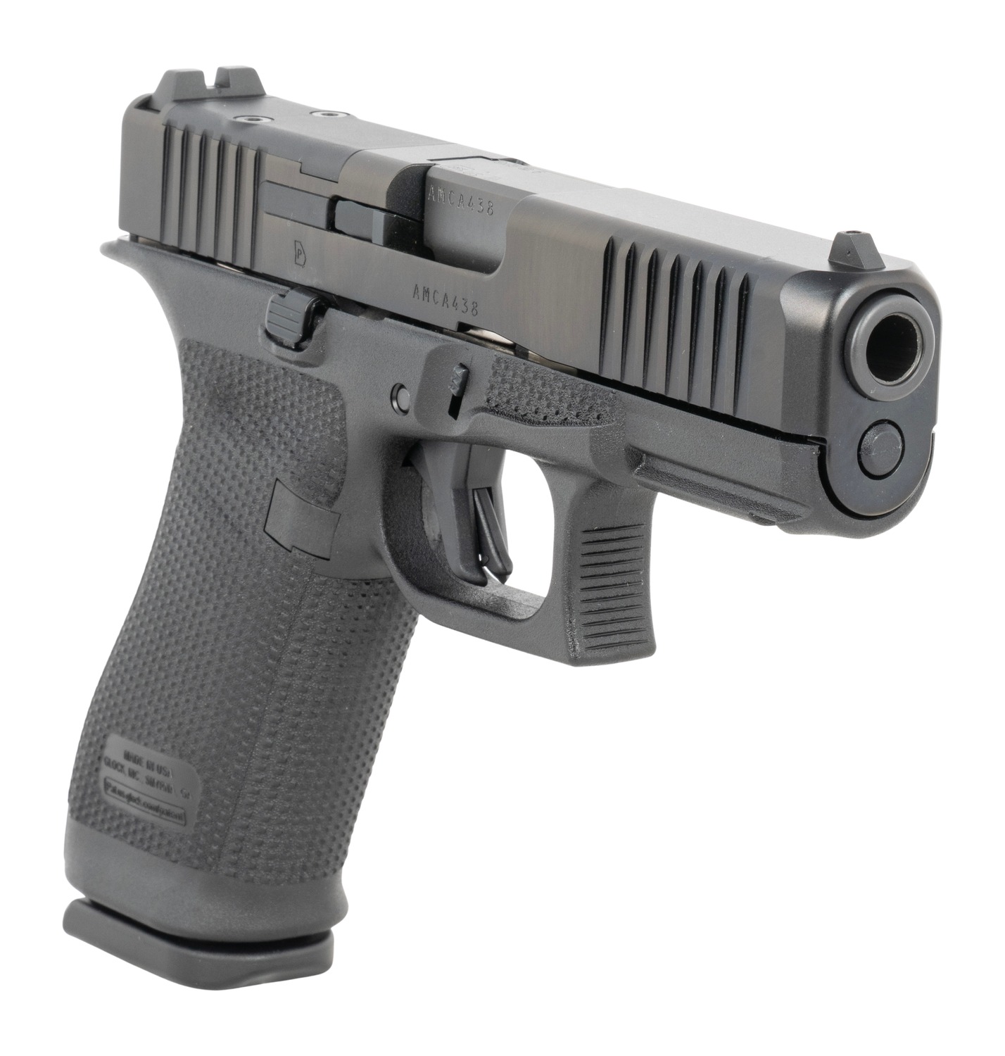 Glock 45 Gen 6 pistol angled front view showing muzzle and black slide