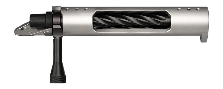 Silver stainless MDT Lone Peak Razor unit with black twisted insert and black lever handle