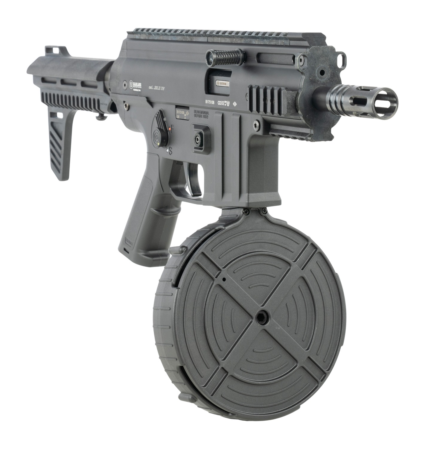 Mauser TacOps PK .22 LR pistol with 110-round drum magazine, angled view