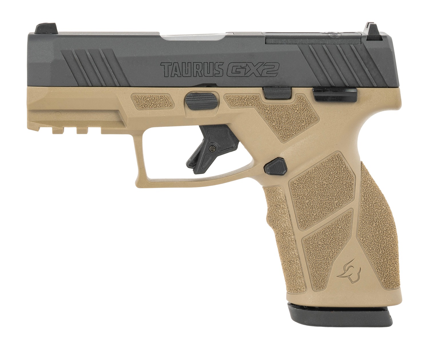 Taurus GX2 9mm pistol side view with black slide, TAURUS GX2 marking and FDE frame