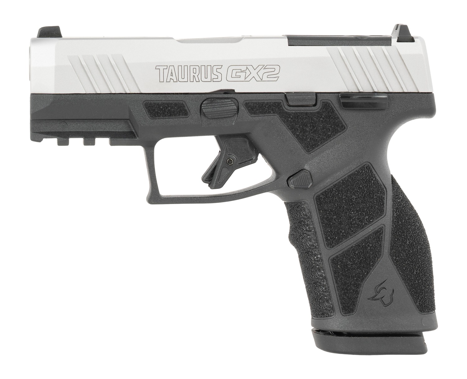 Taurus GX2 9mm pistol side view with stainless slide, TAURUS GX2 marking and black frame