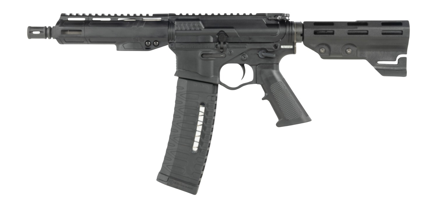 ATI Alpha Maxx 5.56 pistol in black with blade stock, left side view