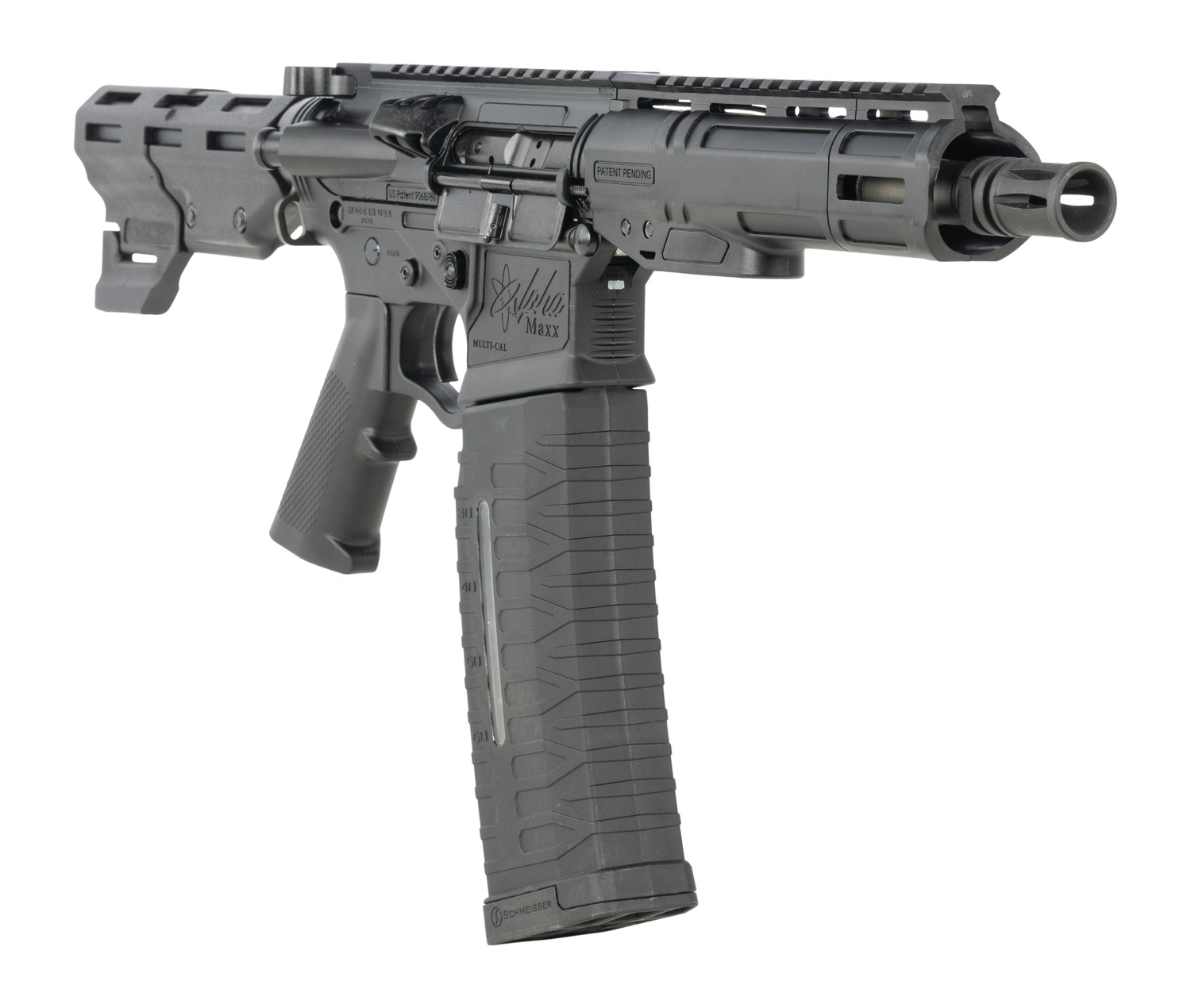 Angled view of black ATI Alpha Maxx 5.56 pistol with threaded barrel and magazine