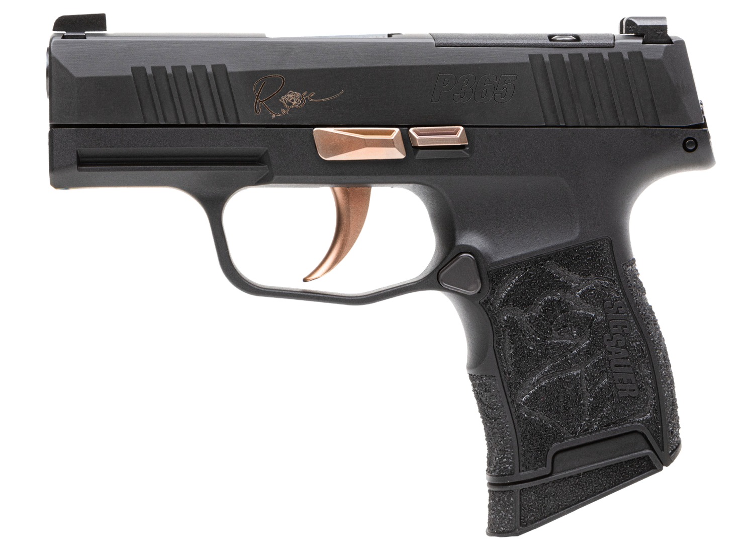 SIG Sauer P365 Rose pistol in black with rose gold trigger and accents, right side view