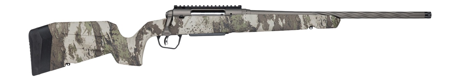 Savage Axis 2 Pro bolt-action rifle with Woodland camo stock and fluted barrel, right side view