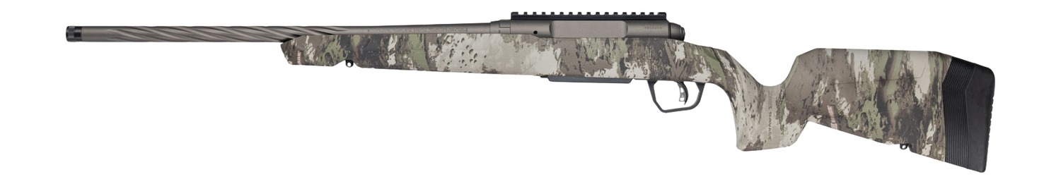 Savage Axis 2 Pro rifle left side showing Woodland camo stock and receiver rail