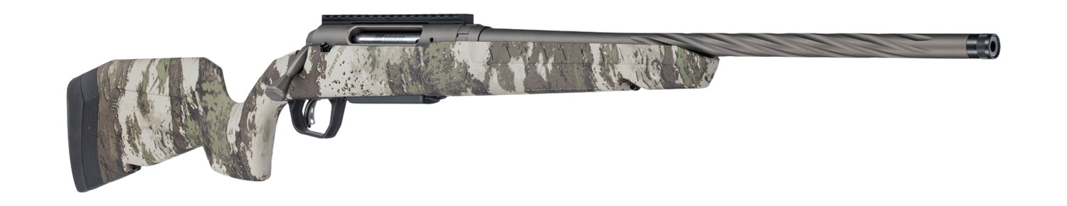 Savage Axis 2 Pro rifle with gun metal bronze barrel and Woodland camo synthetic stock