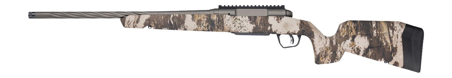 Savage Axis 2 Pro rifle in Western camo, left side view showing fluted barrel and pistol grip stock