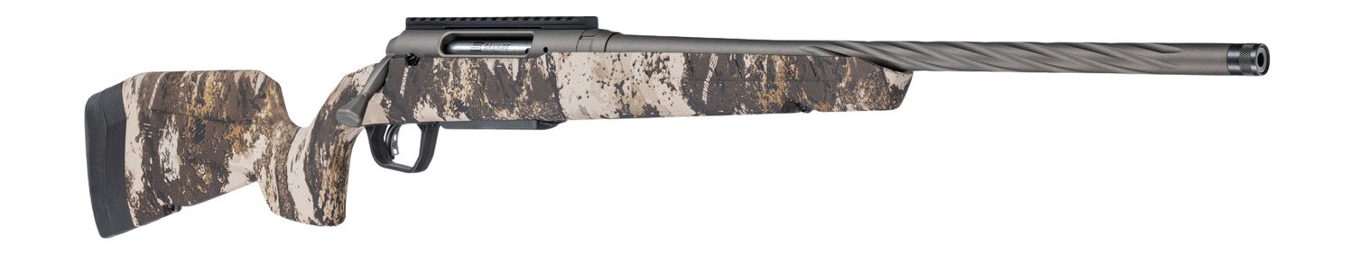 Savage Axis 2 Pro rifle in Western camo with spiral fluted threaded barrel and Picatinny rail