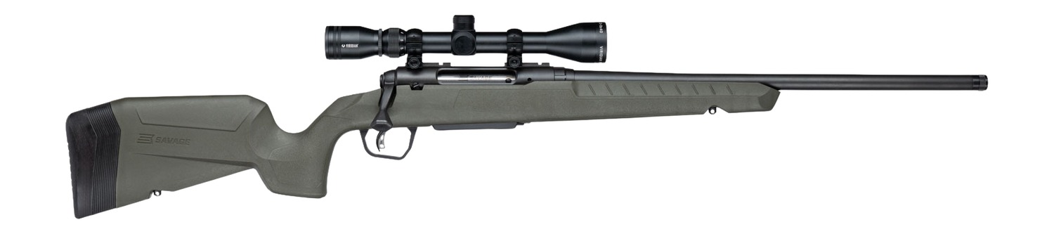 Savage Axis 2 XP bolt-action rifle with OD Green stock and scope, right side view