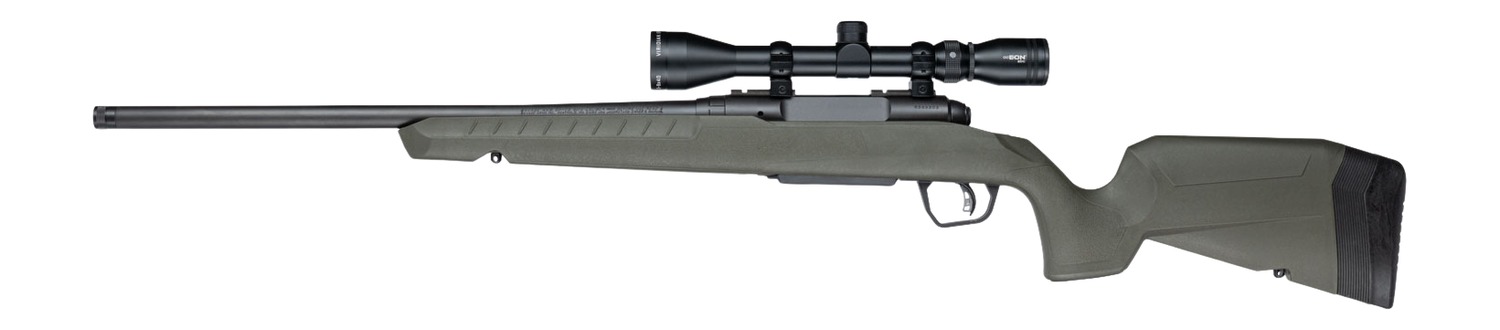 Savage Axis 2 XP rifle with OD Green stock and scoped receiver, left side view